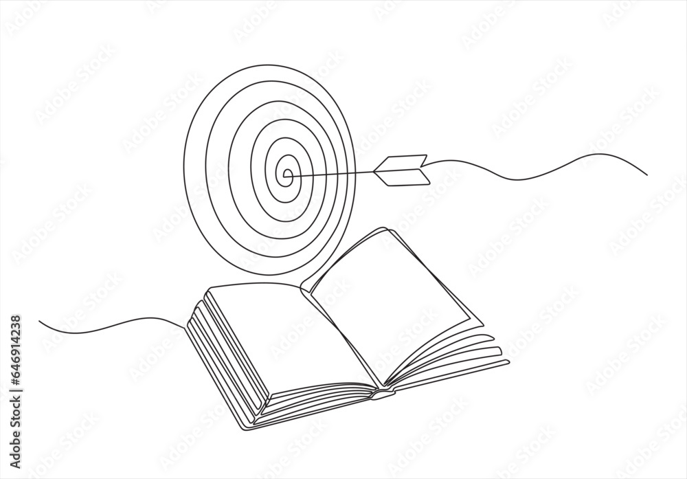 Poster gain knowledge from books - continuous line drawing of open book lying down with target flying above