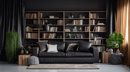 Przytulny czarny pokój salon z sofą i zasłonami