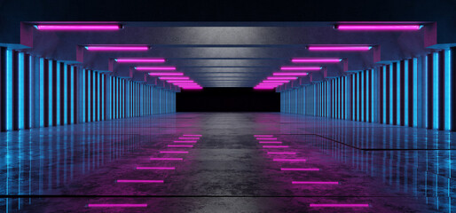 Tunnel Corridor Empty Underground Concrete Exhibition Neon Blue Pink Light Lights Stripe Big Dark...