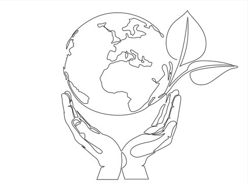 recommend clip art: Single continuous line of hands holding planet earth and tree leaf. Plant leaves grow planet Earth seedling eco natural concept design sketch drawing vector illustration art 