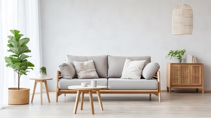 Beautiful living room interior featuring a grey Scandinavian sofa, wooden furniture, and pillows.