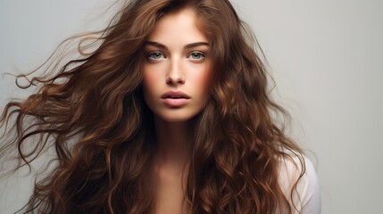 Naklejka premium woman with long, curly brown hair, showcasing elegant beauty through her stylish fashion, flawless makeup, and expressive eyes in a closeup studio portrait