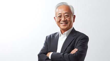 Portrait of a smiling mature asian businessman looking at camera on white background. generative ai