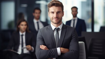 businesspeople sit with their arms crossed in a meeting room