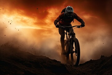 A cyclist rides a bicycle on an extreme descent. Adrenalin. Gambling mood