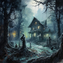 Wooden Haunted house and people. Spooky Old Haunted house in spooky dark forest. Haunted house in the night forest. Moonlight. Witch's house. Mystical. Halloween scene. Halloween concept. Vector art