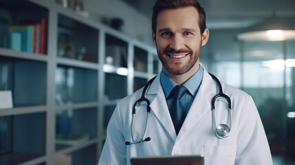 Portrait of a guy physician in a medical facility with a stethoscope, crossed arms, and confidence. A smiling, professional young man's headshot, showing himself as a surgeon or healthcare worker