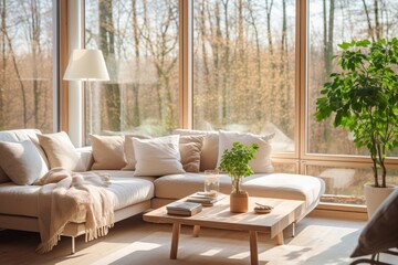 cosy interior living room contemporary white bright color scheme creative ideas concept with nature garden forest tree window background beautiful house background