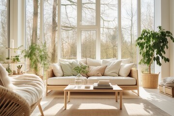 cosy interior living room contemporary white bright color scheme creative ideas concept with nature garden forest tree window background beautiful house background