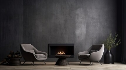 Gray velor chairs, black accent fireplace, dark plaster, empty wall. Lounge area in apartment or reception hall. Room design mockup for art. 3D render.