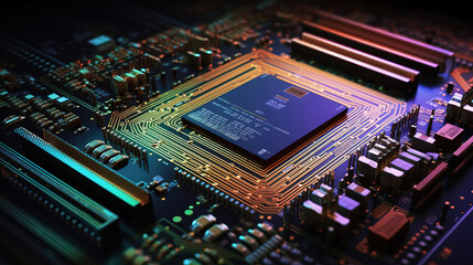 Obraz premium complicated colorful electronics circuit board with processor showing circuit tracks. Electronics Circuit. Generative AI.