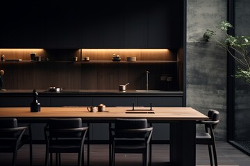 modern kitchen pantry interior design ideas concept dark wooden laminate finishing and marble stone...