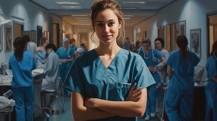 female doctor and her staff at the hospital with crossed arms. A leader, a grin, and a healthcare worker stand with a group  - obrazy, fototapety, plakaty