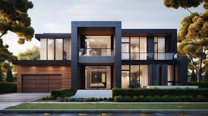 black modern house exterior, wood, luxury house, generative ai