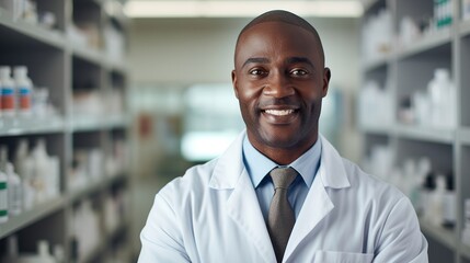 In a drugstore, there is a pharmacy, medication, and a black man with his arms crossed, all related to healthcare or therapy. Health care - obrazy, fototapety, plakaty