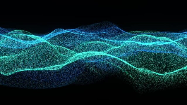 concept wave particles abstract background of technology and information 3d animation. Can be used to represent internet big data science, energy spectrum or waveform of sound and music