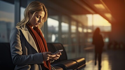Business woman using mobile phone to book plane ticket through online application, sitting on travel checking travel time on board at airport, travel, payment, due, booking, online, check in - obrazy, fototapety, plakaty