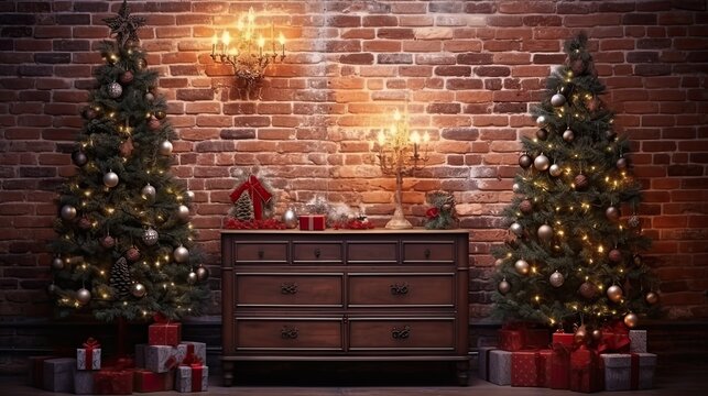 Christmas, New Year's interior inside a red brick wall house. Fir tree decorations, christmas tree, balls, reindeer, hearths. happy festival, party, gift, card, happiness, countdown, gift box