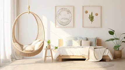 Adorable bedroom decor featuring bed, swing chair, and sun artwork on wall.