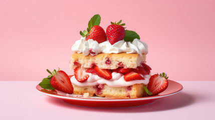 Strawberry shortcake, little sponge cake with ripe berries and whipped white cream. Isolated on flat pink background with copy space. 