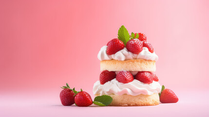 Strawberry shortcake, little sponge cake with ripe berries and whipped white cream. Isolated on flat pink background with copy space. 