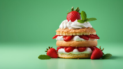 Strawberry shortcake, little sponge cake with ripe berries and whipped white cream. Isolated on flat green background with copy space. 