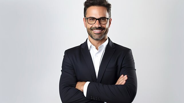 Happy Businessman, Handsome Man Standing With Crossed Arms Looking At Camera On White Background. Generative 