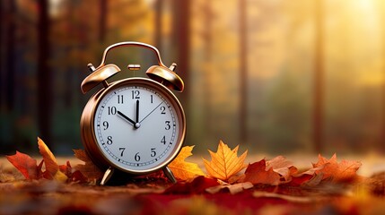 Concept, daylight saving time. Sommer time, winter time, changeover, switch of time. Sommer or winter time. Clock as a timer for celebrations. Autumnal forest and leaves.