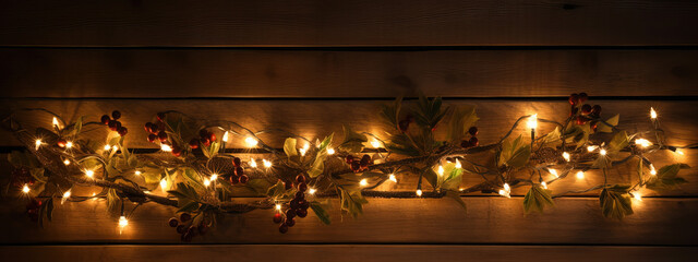 Charismas background with branches and lights on brown wooden pallets. Isolated Background. Generative AI. 