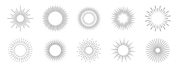 Sun ray set. Sunburst minimalistic collection. Vector sparkle ray. Decorative line sunlight.