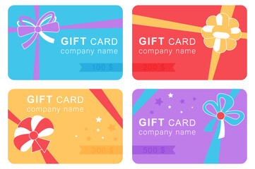 Gift card set. Colorful discount certificate template. Vector coupon voucher with bow and ribbon. Sale season concept.