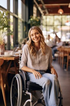 Woman sitting in wheelchair at caf&eacute;