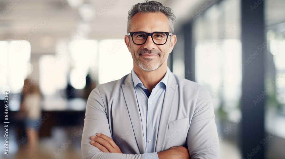 Poster Mature businessman with arms crossed in white office background