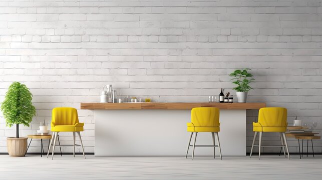 Minimalist cafe design with concrete counter, white wall shelves, yellow chairs in a white table waiting area, brick wall with frame mockup, and concrete floors.