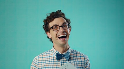 Nerd guy with oversized glasses, laughing at a math joke, set against a pale blue background.
