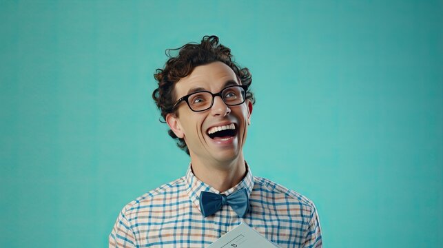 Nerd guy with oversized glasses, laughing at a math joke, set against a pale blue background.
