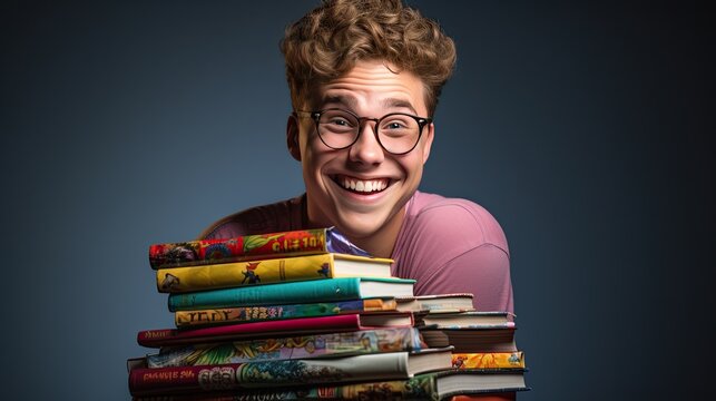 Nerdy model with a stack of comic books, grinning from ear to ear, set against a white background.