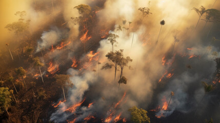 Fire in the forest, natural disaster.  Wildfire in the forest, aerial view. - obrazy, fototapety, plakaty