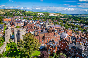 A view east over the High Street from the ramparts of the castle keep in Lewes, Sussex, UK in...
