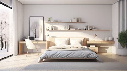 Minimal cozy bedroom with a bed and desk in a bright interior. Home room concept.