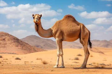 A camel stands in the desert.