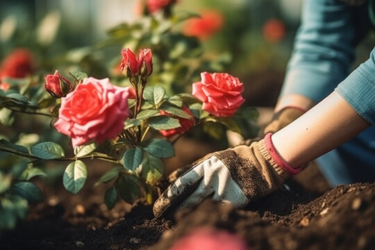 Close-up of woman's hands planting roses in the garden.