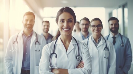 photo of a doctor team standing at a hospital with their arms crossed  - obrazy, fototapety, plakaty