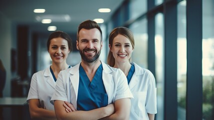 picture of a medical staff in a hospital, standing with their arms crossed 