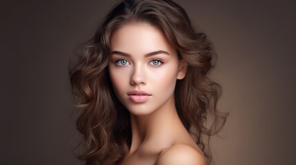 Fototapeta premium Portrait of a beautiful woman's face. Beautiful Spa model with flawlessly clean skin. A brunette woman smiles at the camera. Concept of Youth and Skin Care
