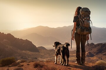 backpacker woman hiking with her dog Generative Ai