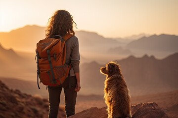 woman looking at mountains and small dog in the desert Generative AI