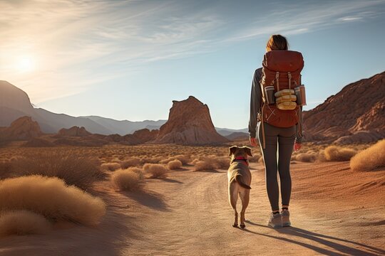 Young Woman And Dog On Hot Desert Hiking With Backpack Generative AI