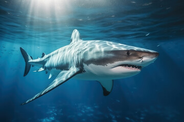  Great White Shark swims in blue ocean water