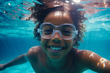 Portrait of smiling girl in swimming goggles underwater in pool on a sunny day